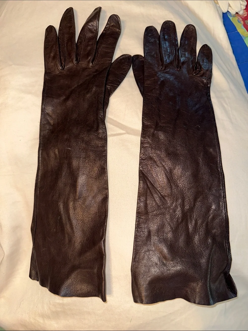Vintage Long Very Dark Brown Leather Gloves